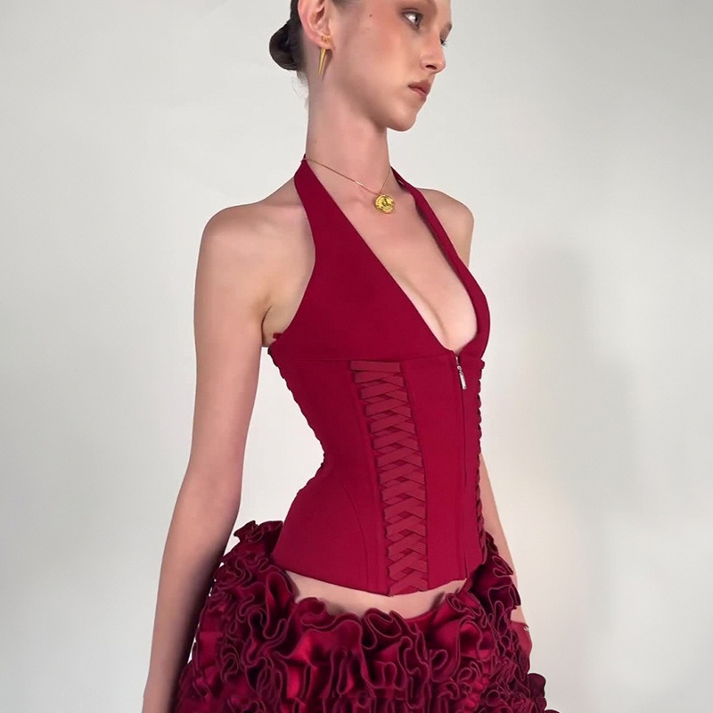 French Halter Neck Fishbone Waist Cinching Crop Top with Tie Straps & Zipper – Sexy Deep V Backless Vest for Fashionable Women