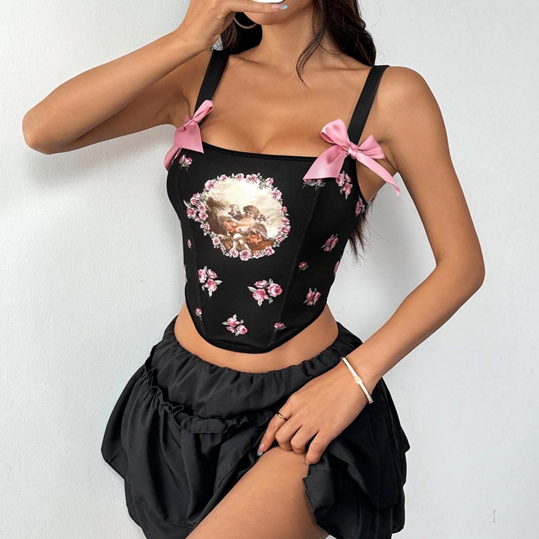 Women's Streetwear Sexy Crossback Crop Bra with Fishbone Print