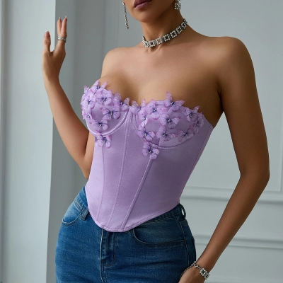 Low-Cut Satin Butterfly Strapless Crop Top with Underwire & Fishbone Back Design for Women – Sexy & Supportive Fashion Blouse 02