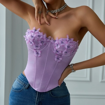 Low-Cut Satin Butterfly Strapless Crop Top with Underwire & Fishbone Back Design for Women – Sexy & Supportive Fashion Blouse 01