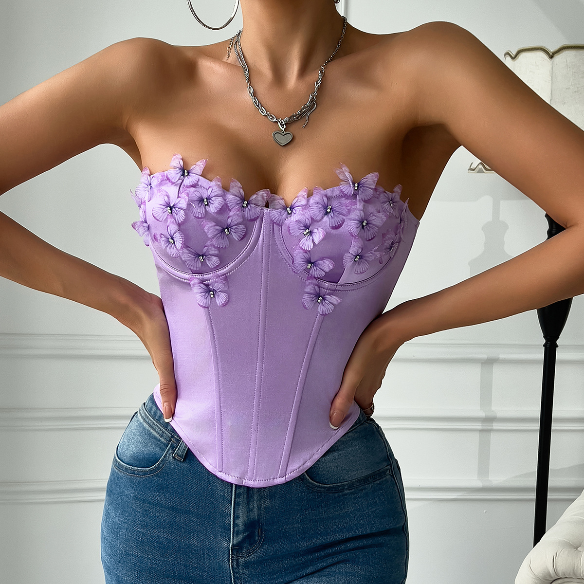 Low-Cut Satin Butterfly Strapless Crop Top with Underwire & Fishbone Back Design for Women – Sexy & Supportive Fashion Blouse