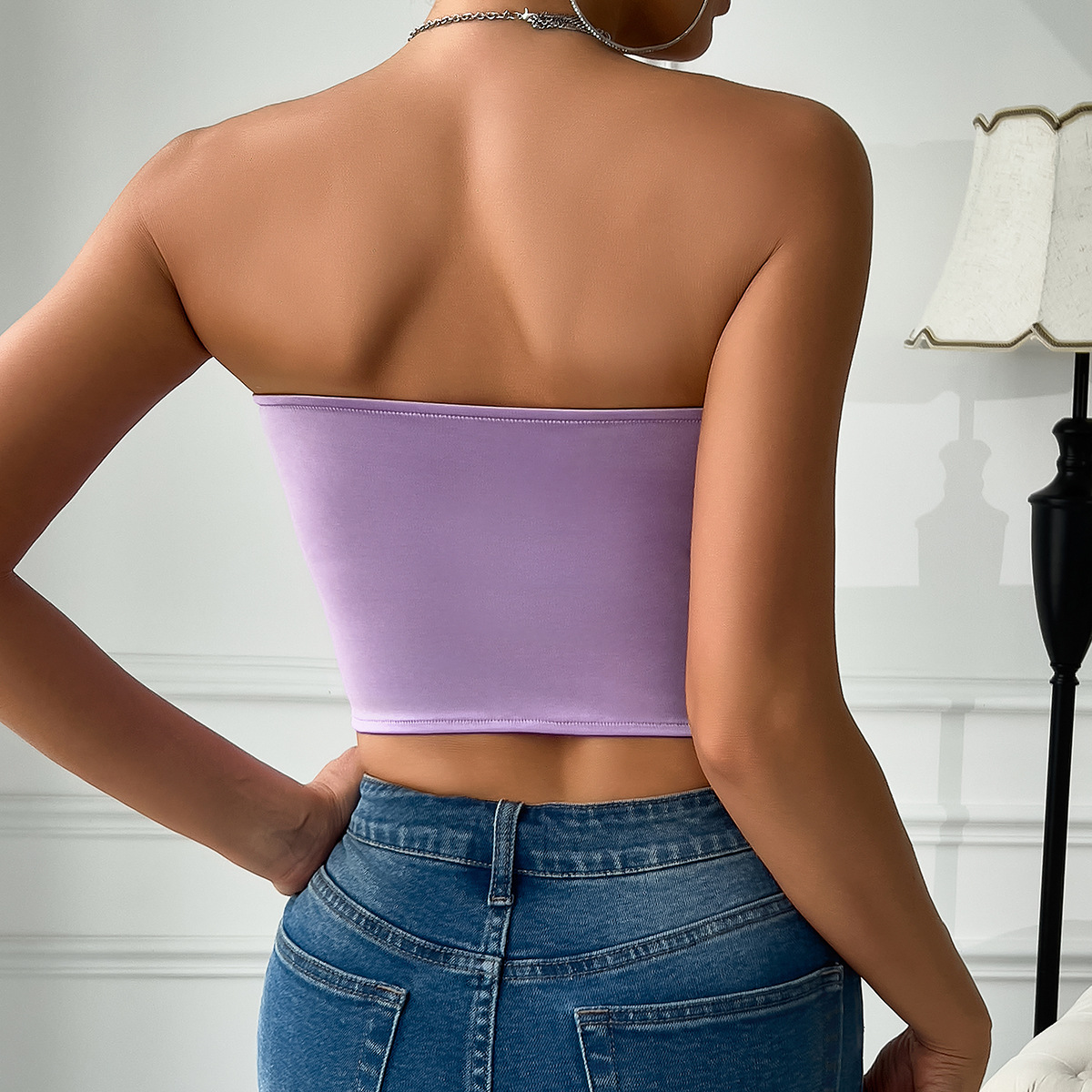 Low-Cut Satin Butterfly Strapless Crop Top with Underwire & Fishbone Back Design for Women – Sexy & Supportive Fashion Blouse