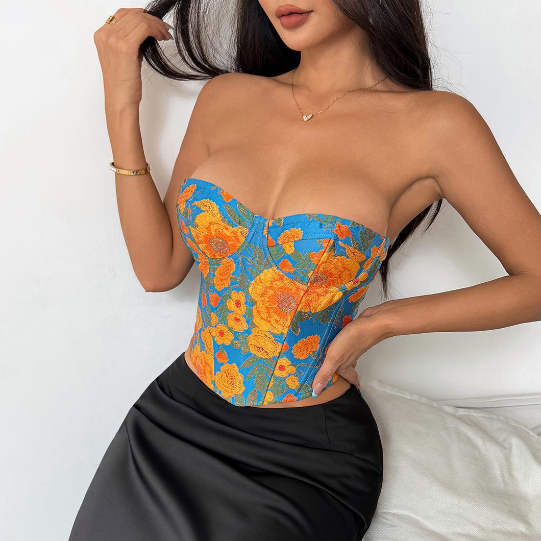 Chic French Retro Jacquard Oil - Painting Color Fishbone Slim - Fit Corset Camisole with Tying Straps