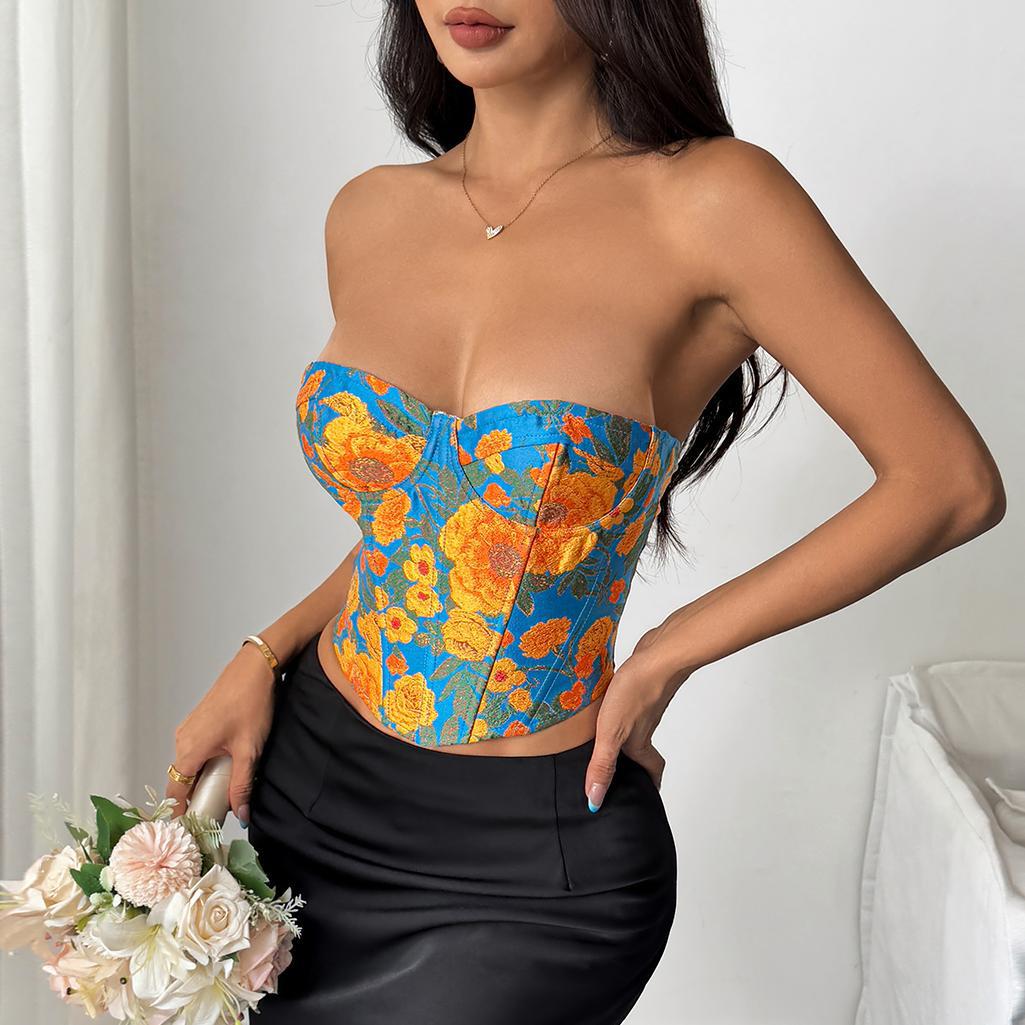 Chic French Retro Jacquard Oil - Painting Color Fishbone Slim - Fit Corset Camisole with Tying Straps