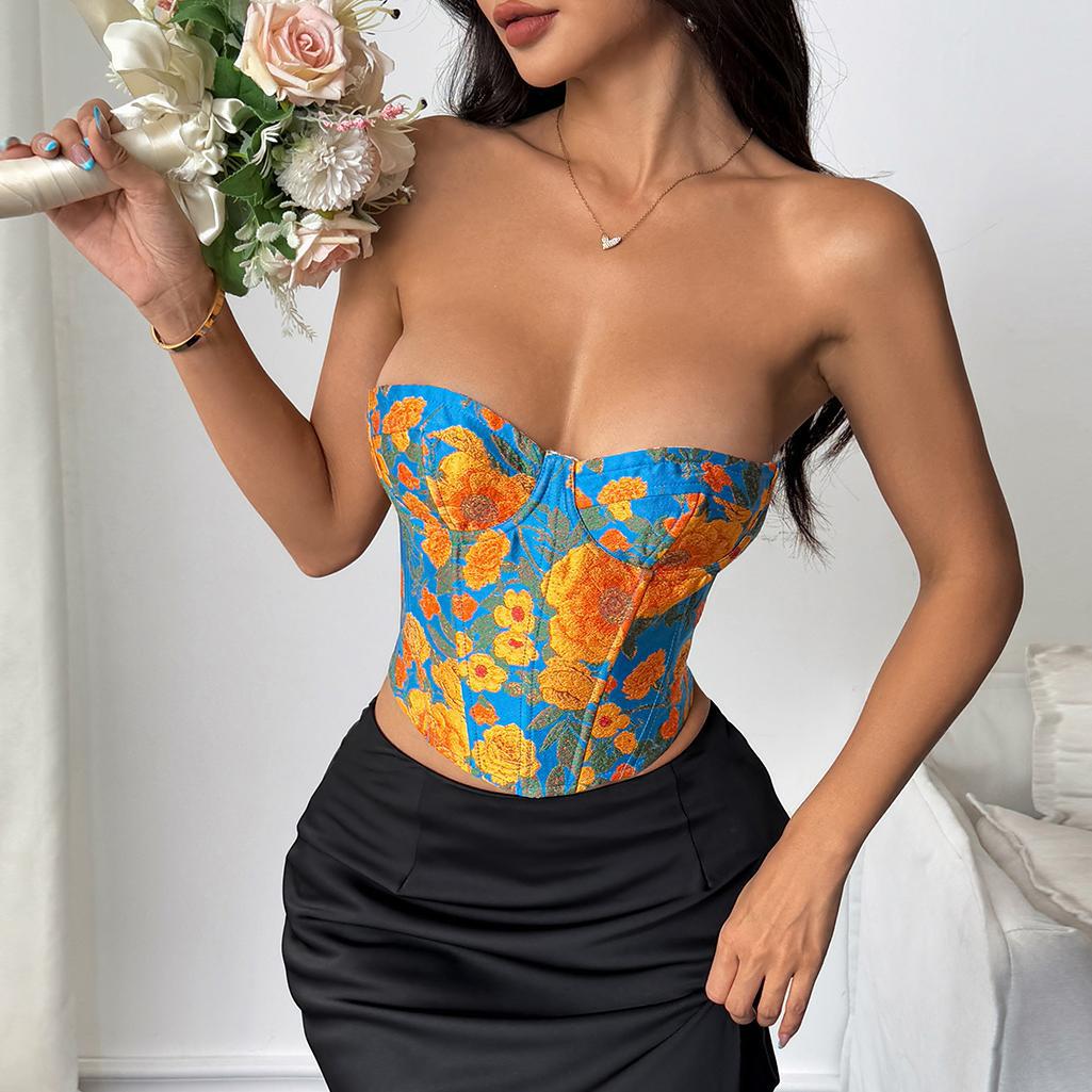 Chic French Retro Jacquard Oil - Painting Color Fishbone Slim - Fit Corset Camisole with Tying Straps