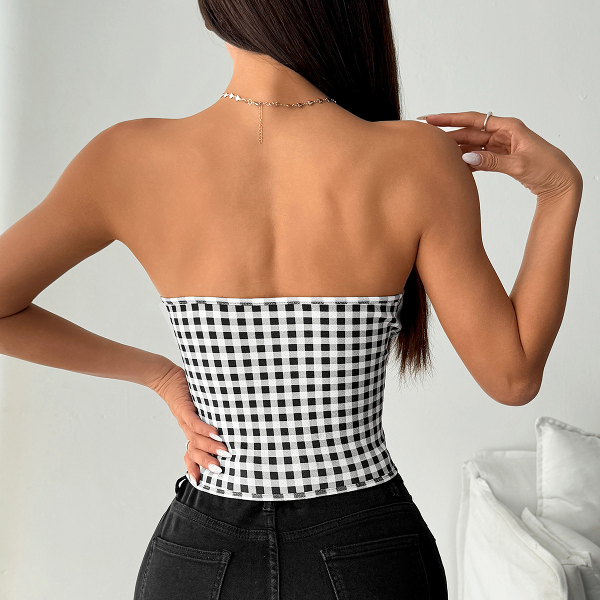 Sweet & Spicy Plaid Strapless Fishbone Crop Top with Tie Neck Detail – Unique Women’s Bustier Vest
