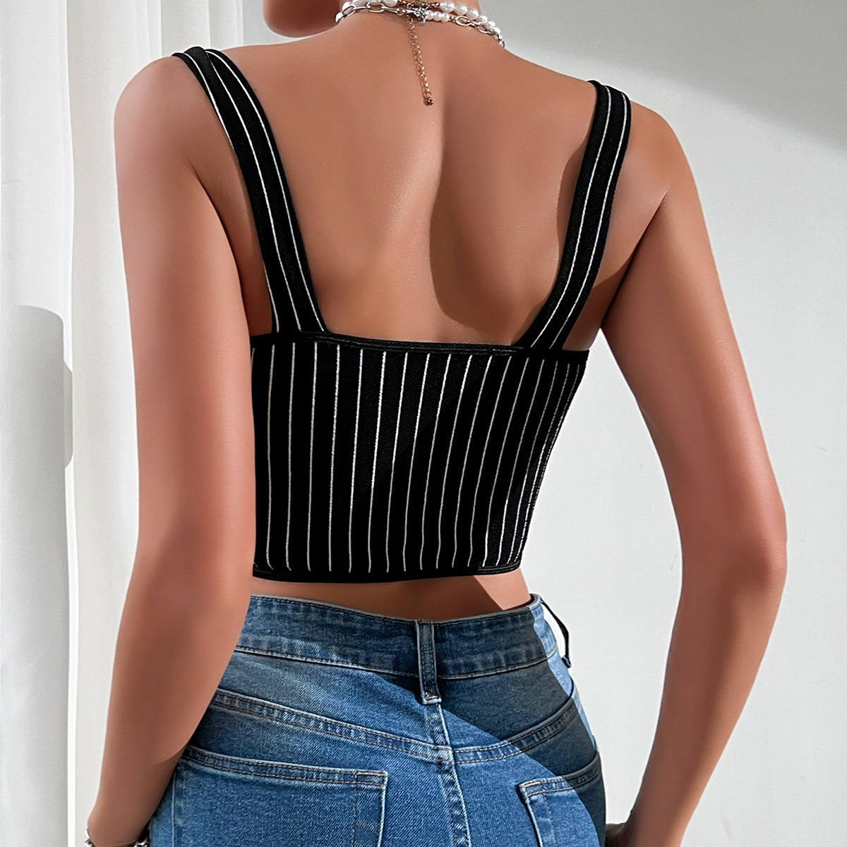 Low-Cut Leopard Print Lace Trim Striped Backless Halter Crop Top with Underwire – Seductive European Style Women’s Bustier