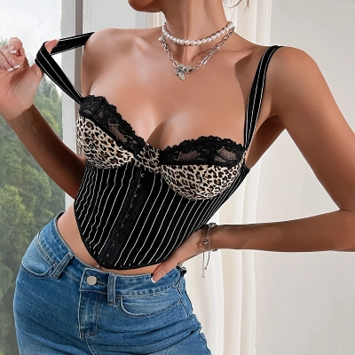 Low-Cut Leopard Print Lace Trim Striped Backless Halter Crop Top with Underwire – Seductive European Style Women’s Bustier 01