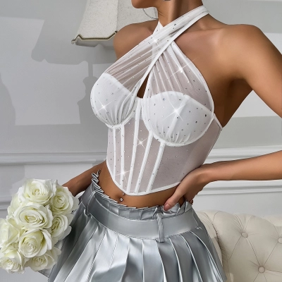 Sexy Mesh Patchwork Halter Crop Top with Fishbone Lacing, Underwire & Diamond Cut Design 01