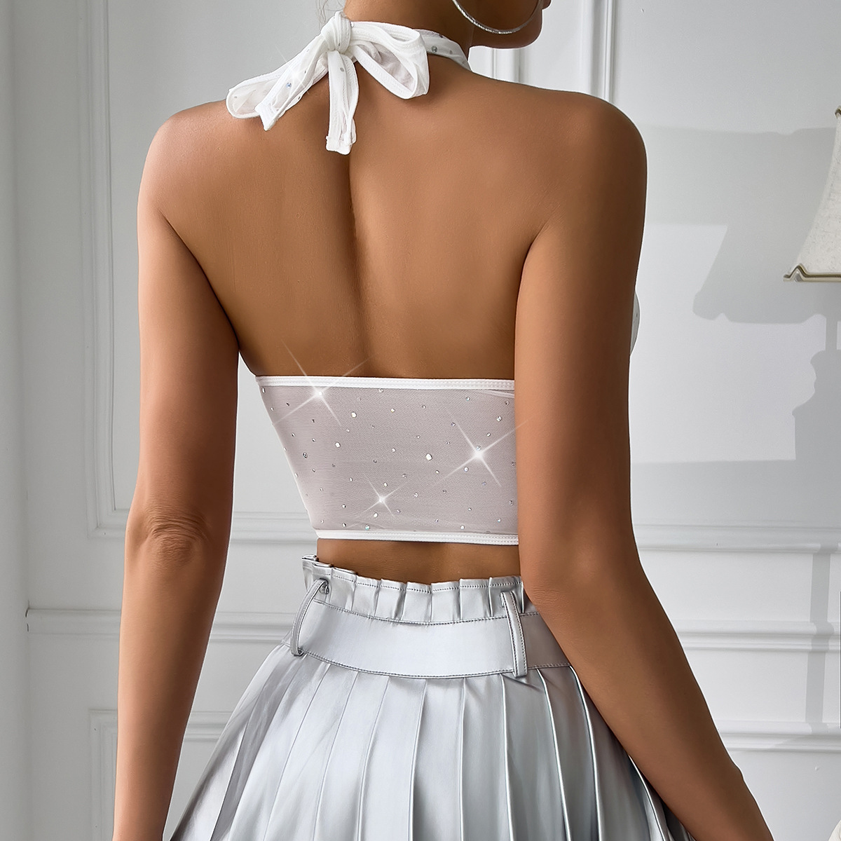 Sexy Mesh Patchwork Halter Crop Top with Fishbone Lacing, Underwire & Diamond Cut Design