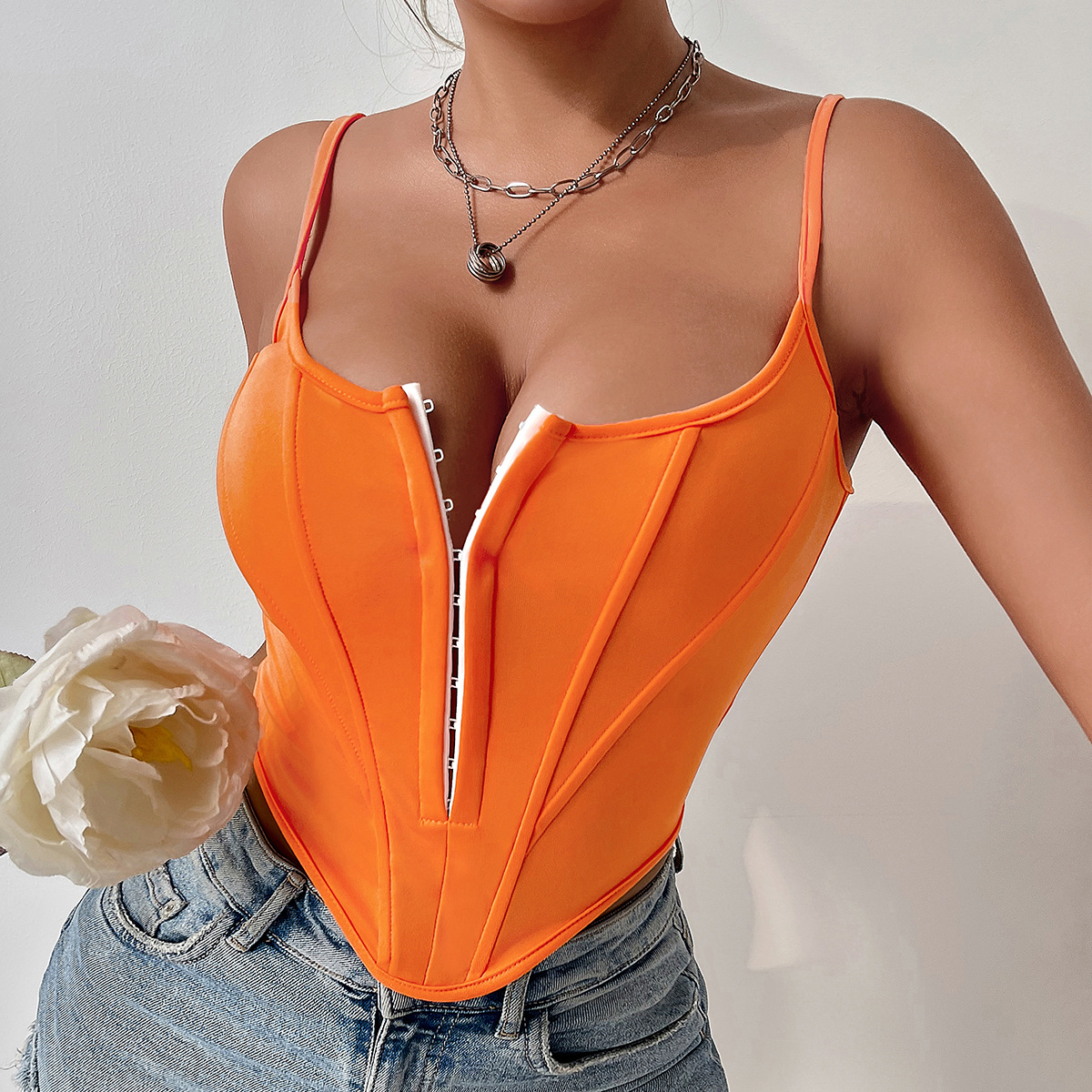 Patchwork Hook & Eye Fishbone Waist Cincher Diamond Backless Halter Crop Top – Sexy European Style Women’s Bustier Vest