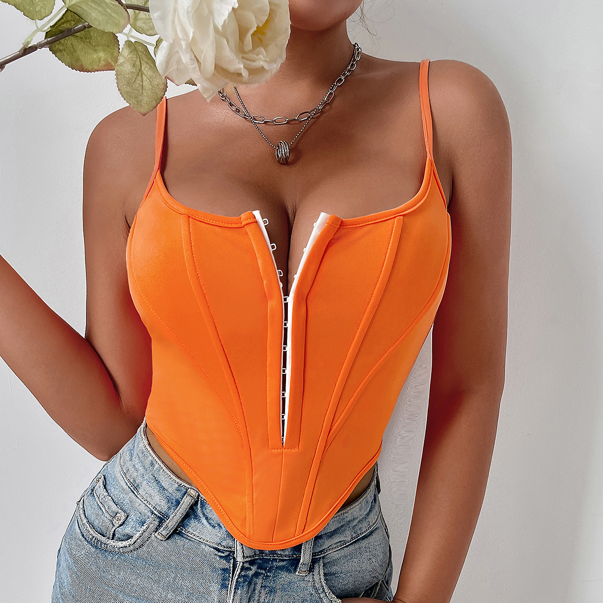 Patchwork Hook & Eye Fishbone Waist Cincher Diamond Backless Halter Crop Top – Sexy European Style Women’s Bustier Vest