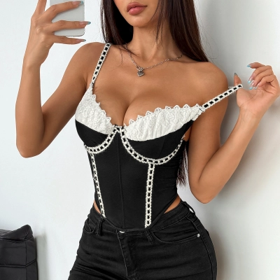 Streetwear Patchwork Lace & Mesh Fishbone Crop Top – Sexy Women’s Bustier Vest 01