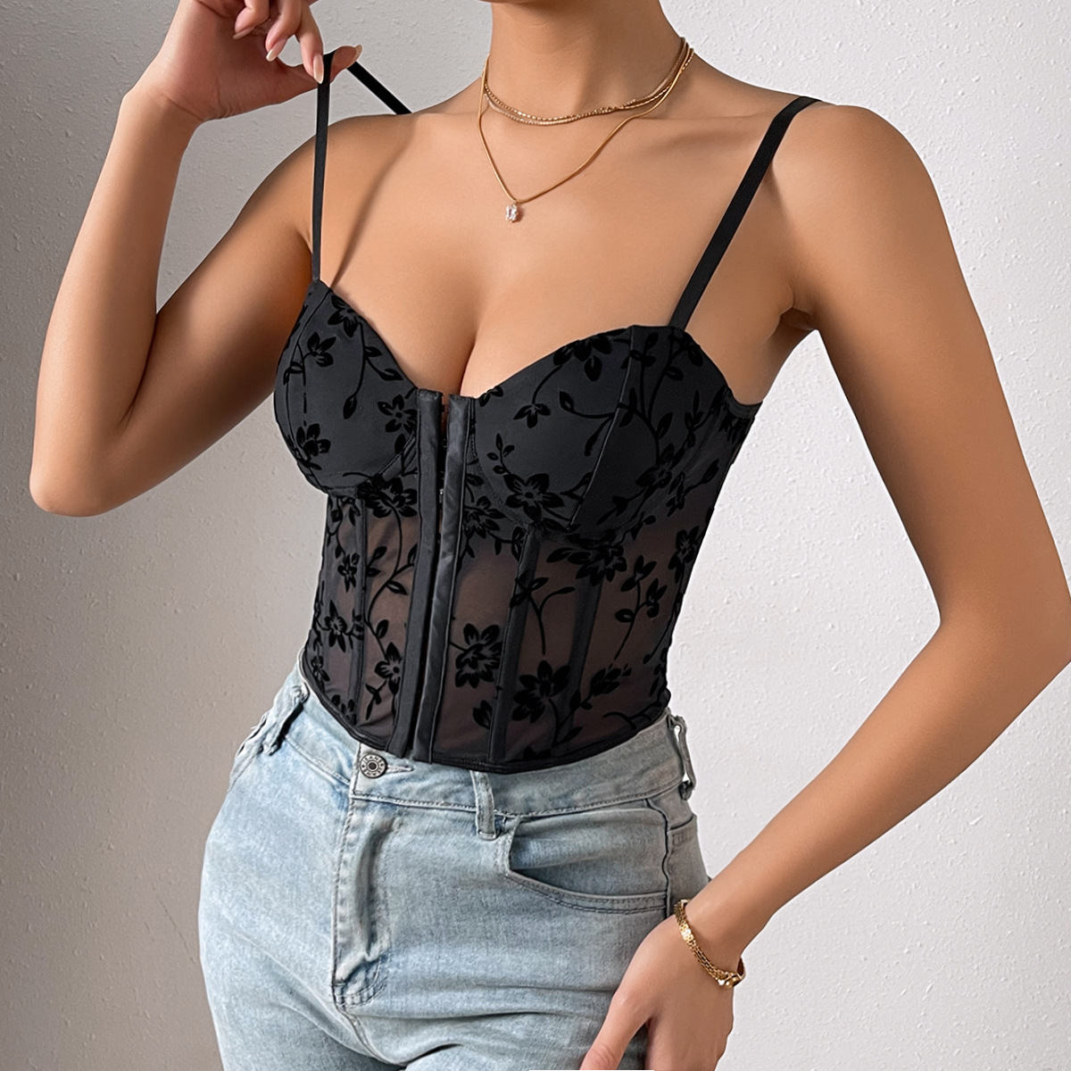 Spicy Low-Cut Sheer Tube Crop Top with Fishbone Lacing, Mesh Panels & Waist Cincher – Trendy Women’s Sexy Vest