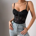 Spicy Low-Cut Sheer Tube Crop Top with Fishbone Lacing, Mesh Panels & Waist Cincher – Trendy Women’s Sexy Vest