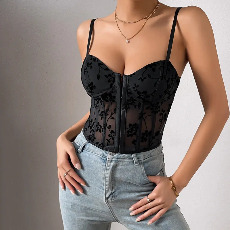 Spicy Low-Cut Sheer Tube Crop Top with Fishbone Lacing, Mesh Panels & Waist Cincher – Trendy Women’s Sexy Vest