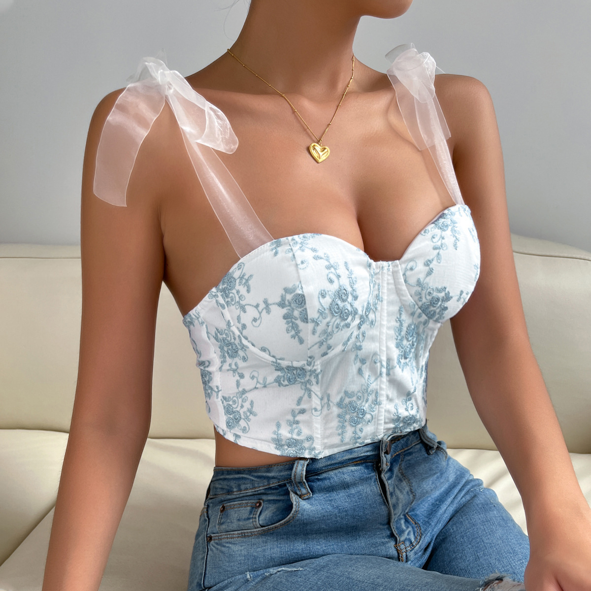 Embroidered Sexy Backless Tie-Up Underwire Fishbone Waist Cincher Crop Top – Trendy Women’s Bustier Vest