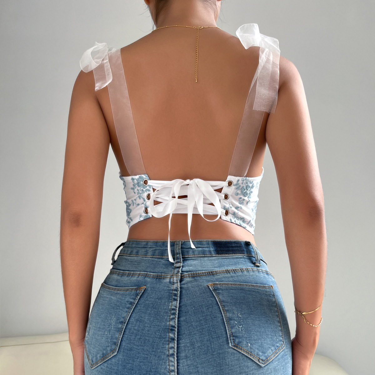 Embroidered Sexy Backless Tie-Up Underwire Fishbone Waist Cincher Crop Top – Trendy Women’s Bustier Vest