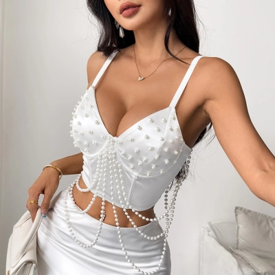 Chic Pearl & Chain Tassel Strap Crop Top – Unique Design Women’s Bustier Vest for Outfit Styling 02