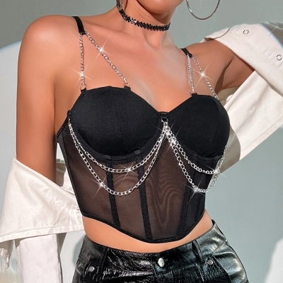 Sheer Mesh & Metal Chain Fishbone Crop Top – Edgy Streetwear Bustier for Women 01