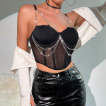 Sheer Mesh & Metal Chain Fishbone Crop Top – Edgy Streetwear Bustier for Women