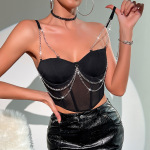 Sheer Mesh & Metal Chain Fishbone Crop Top – Edgy Streetwear Bustier for Women