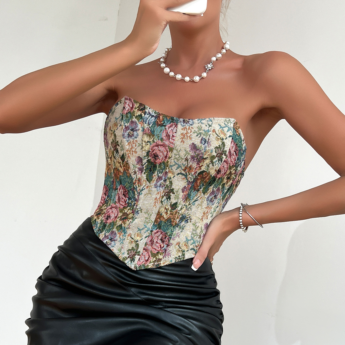 Vintage Print Wrap Bustier with Ties – French Minimalist Court Style Crop Top for Women