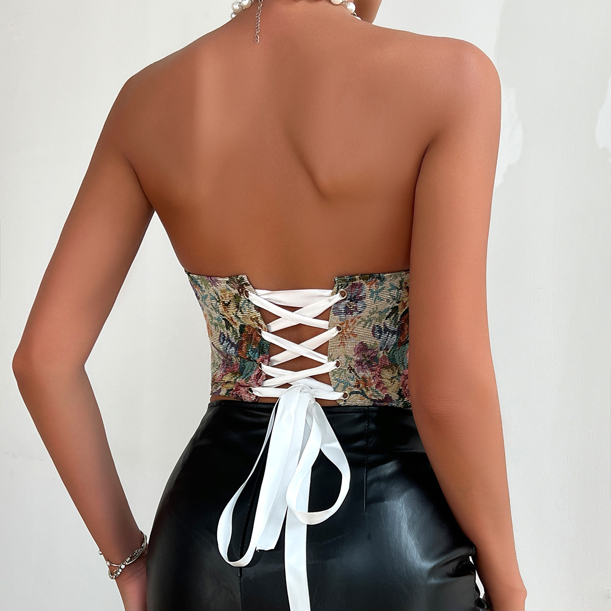 Vintage Print Wrap Bustier with Ties – French Minimalist Court Style Crop Top for Women