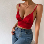 Seductive Solid Color Low-Cut Halter Crop Top with Open Back – Trendy Western Style Bustier Vest for Women