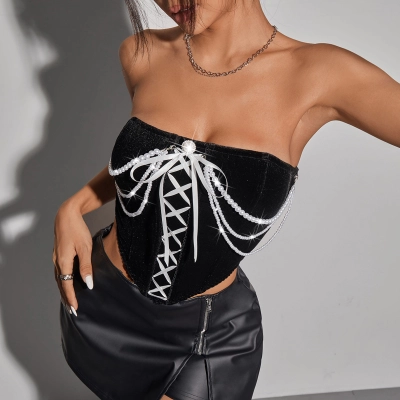 Vintage Velvet with Pearl Chain Off-the-Shoulder Bustier for Women 02