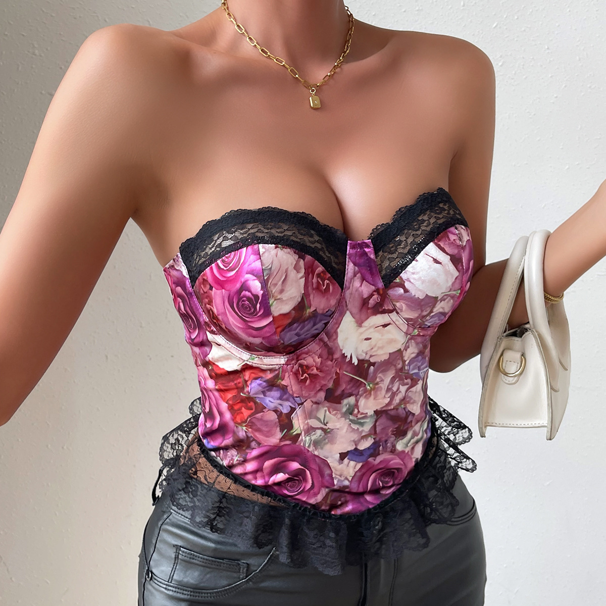 Floral Satin & Lace Crop Bustier with Fishbone Corset – Sweet Seduction Women’s Vest Top