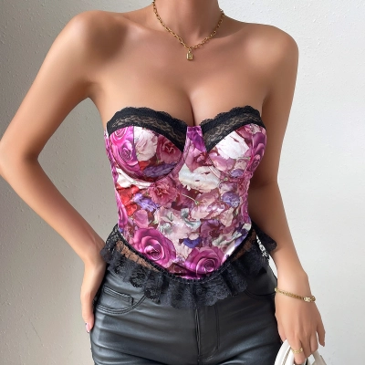 Floral Satin & Lace Crop Bustier with Fishbone Corset – Sweet Seduction Women’s Vest Top 02