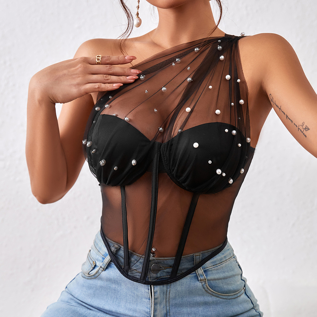 Sexy Mesh Bustier with Steel Boning and Fishbone Waist Shaping Crop Top for Women