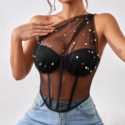 Sexy Mesh Bustier with Steel Boning and Fishbone Waist Shaping Crop Top for Women 02