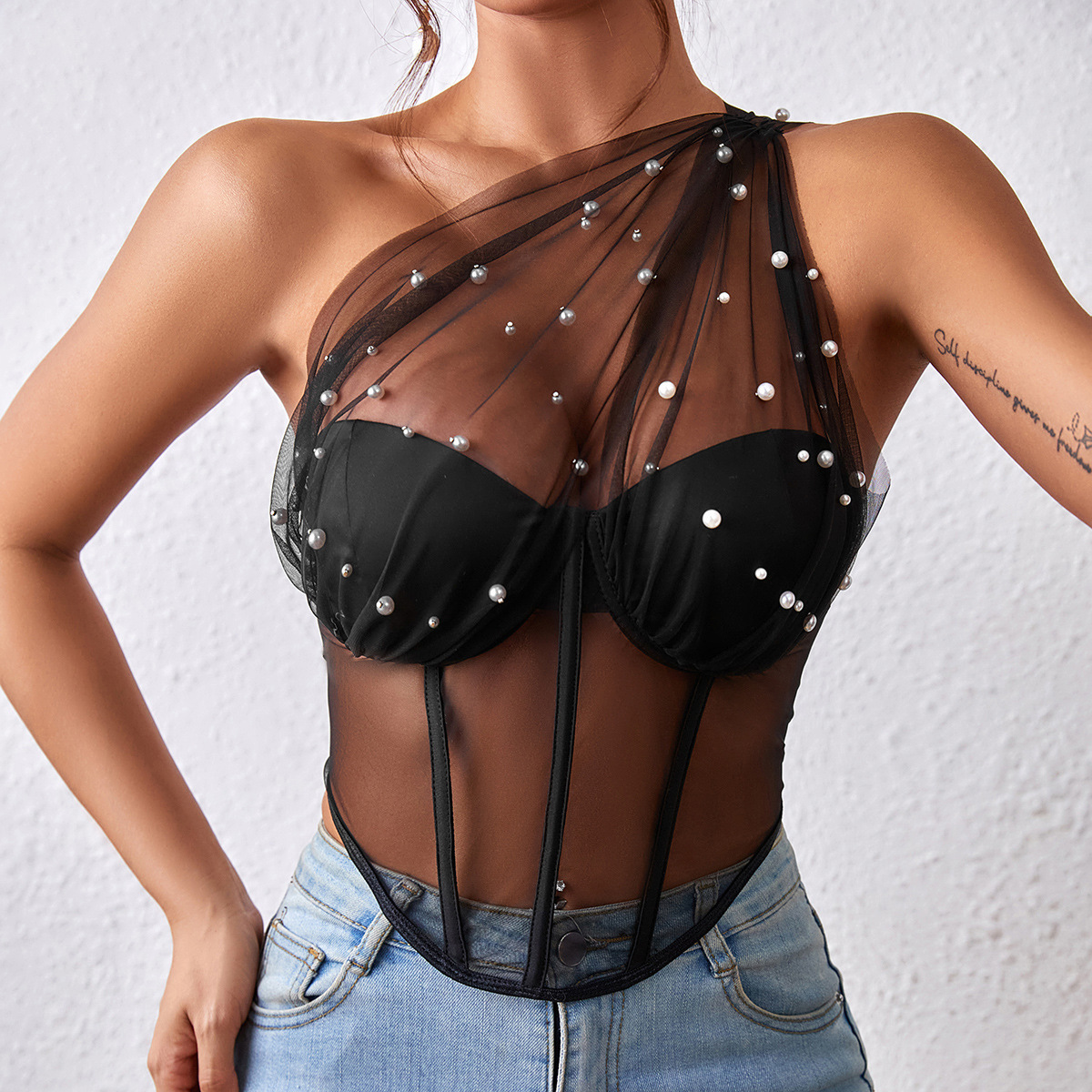 Sexy Mesh Bustier with Steel Boning and Fishbone Waist Shaping Crop Top for Women