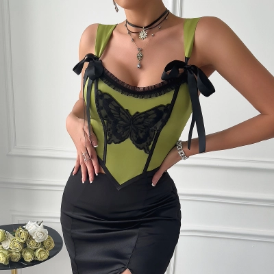 Low-Cut Cropped Top with Embroidery Butterfly Bustier Waist Fishbone Vest for Women 02