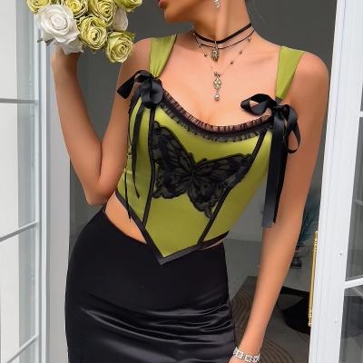 Low-Cut Cropped Top with Embroidery Butterfly Bustier Waist Fishbone Vest for Women 01