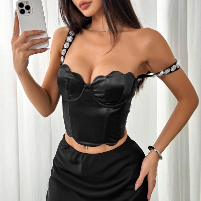 Artistic Floral Bustier with Rhinestone Accents – Fishbone Corset Crop Top for Trendy Women 02