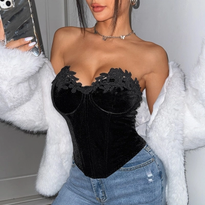 Luxury Velvet Deep V Backless Bustier with Steel Boning & Fishbone Corset – Elegant Sexy Vest for Women 01