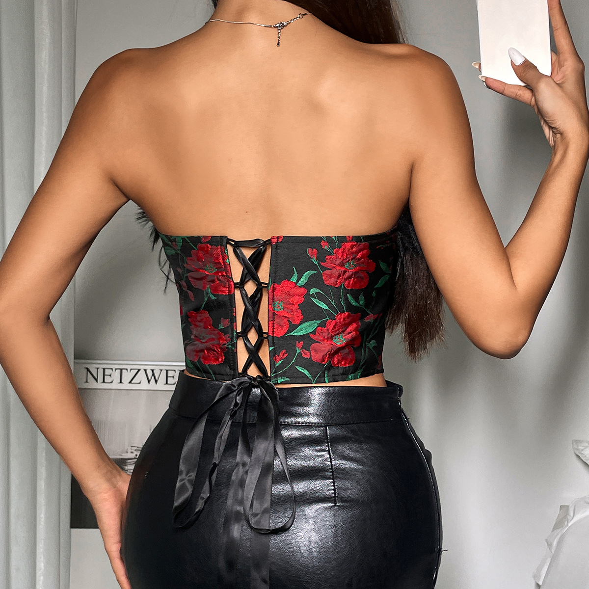 Vintage Rose Patterned Feather Trimmed Fishbone Corset with Tied-Up Detail – Elegant and Sexy Crop Top for Women
