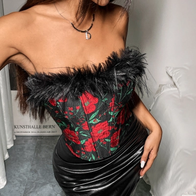 Vintage Rose Patterned Feather Trimmed Fishbone Corset with Tied-Up Detail – Elegant and Sexy Crop Top for Women 01