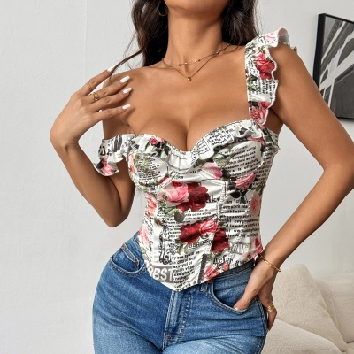 Sheer Ruffle Trim Printed Backless Tie-Up Corset Top – Sexy and Sweet Crop Vest for Women 02