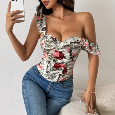 Sheer Ruffle Trim Printed Backless Tie-Up Corset Top – Sexy and Sweet Crop Vest for Women 01