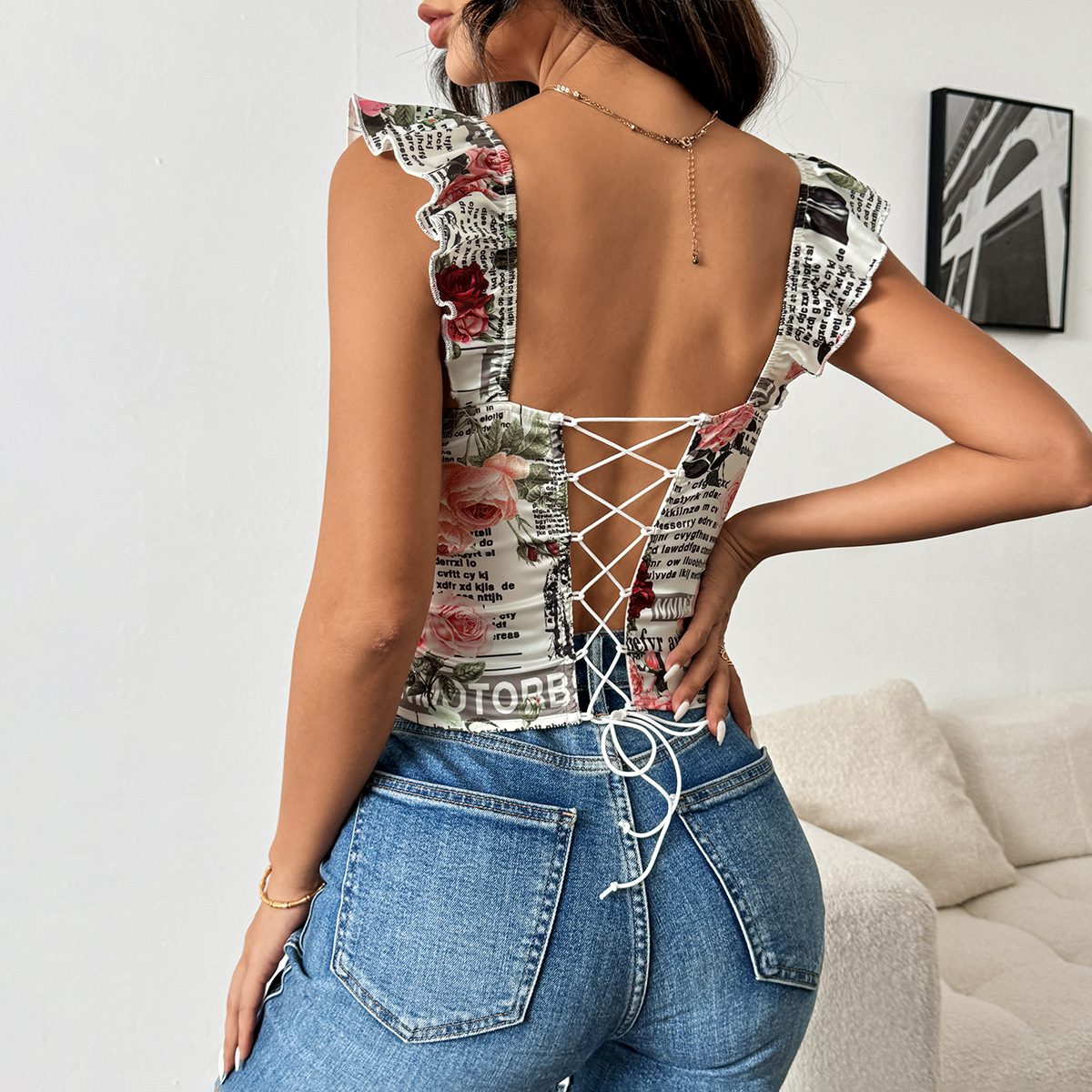 Sheer Ruffle Trim Printed Backless Tie-Up Corset Top – Sexy and Sweet Crop Vest for Women