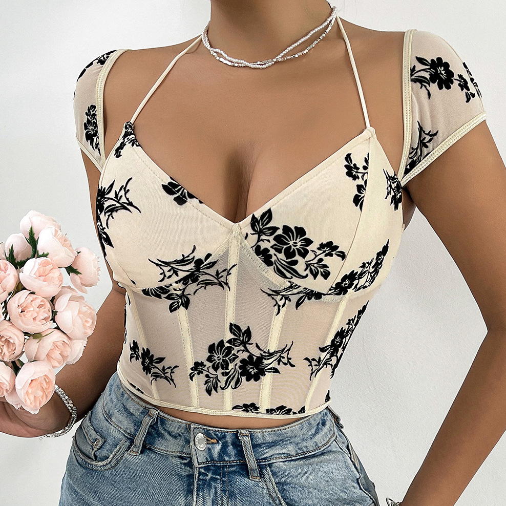 Fishbone Corset Sheer Plunge Neck Tie-Up Velvet Crop Top
