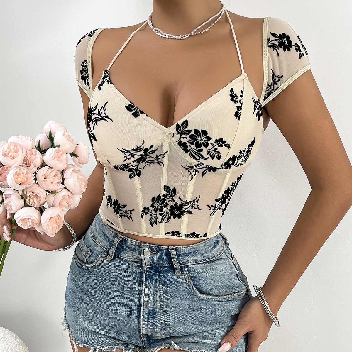 Fishbone Corset Sheer Plunge Neck Tie-Up Velvet Crop Top