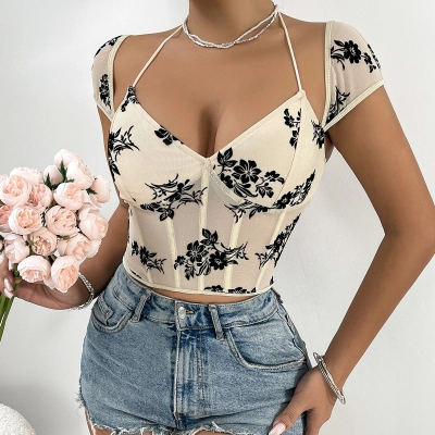 Fishbone Corset Sheer Plunge Neck Tie-Up Velvet Crop Top 01