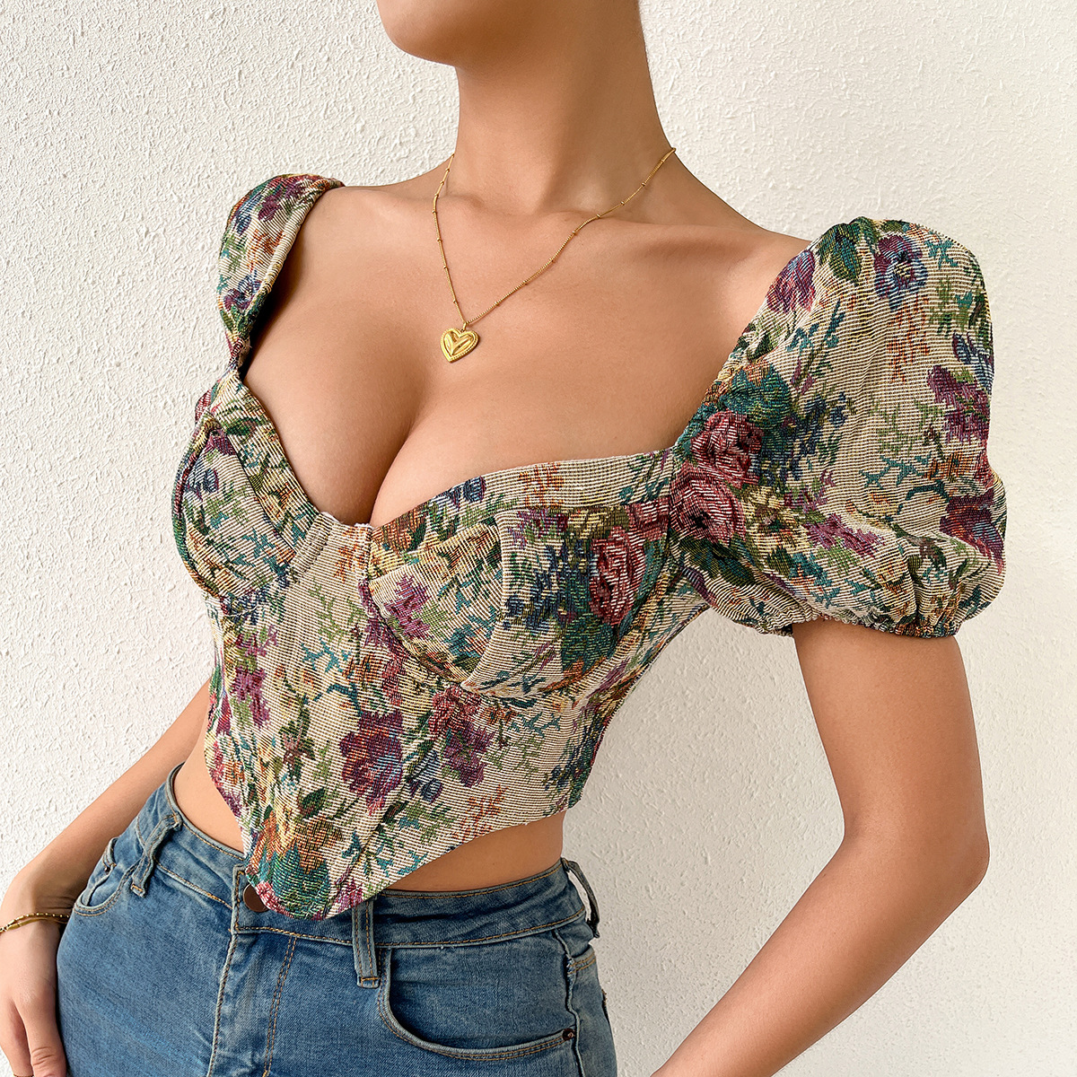 Retro Royal Off-Shoulder Puff Sleeve Fishbone Crop Top for Women