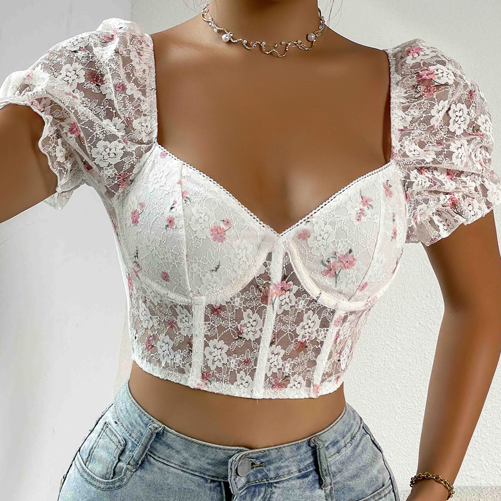 Low Cut Lace Trim Short Sleeve Crop Top with Steel Boned Fishbone Structure for Women