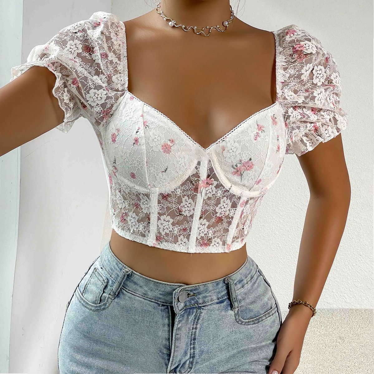 Low Cut Lace Trim Short Sleeve Crop Top with Steel Boned Fishbone Structure for Women